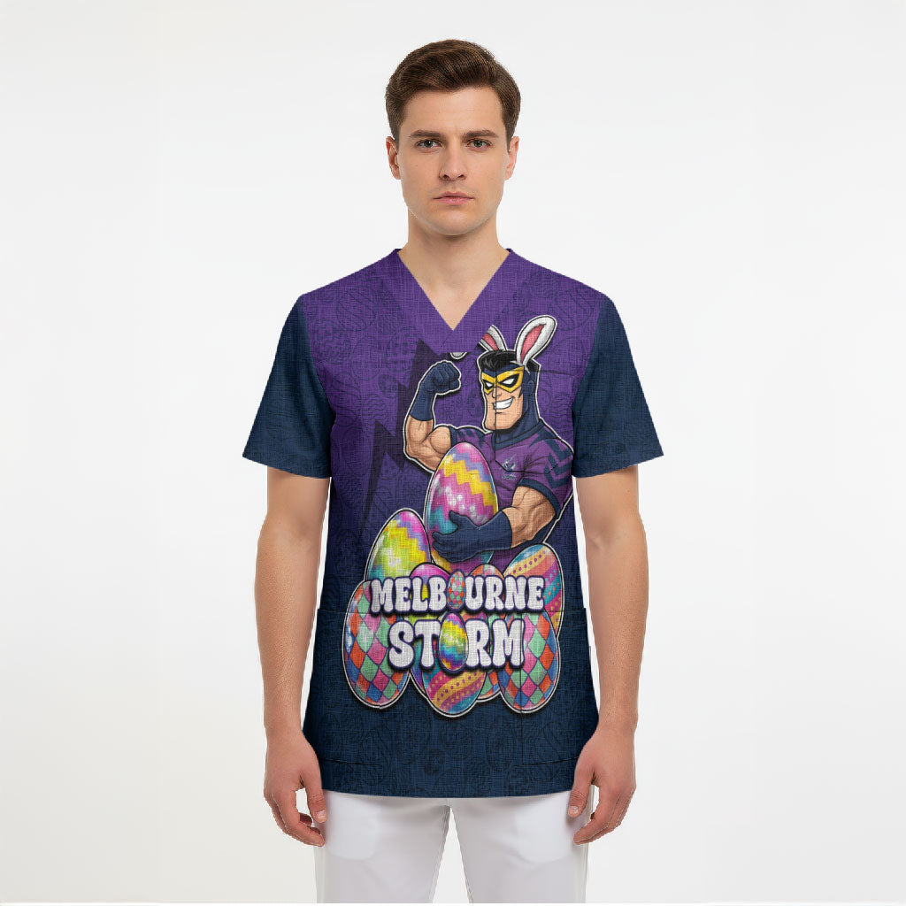 Personalized Melbourne Storm Scrub Top Easter Mascot - Colorful Eggs Cartoon Style