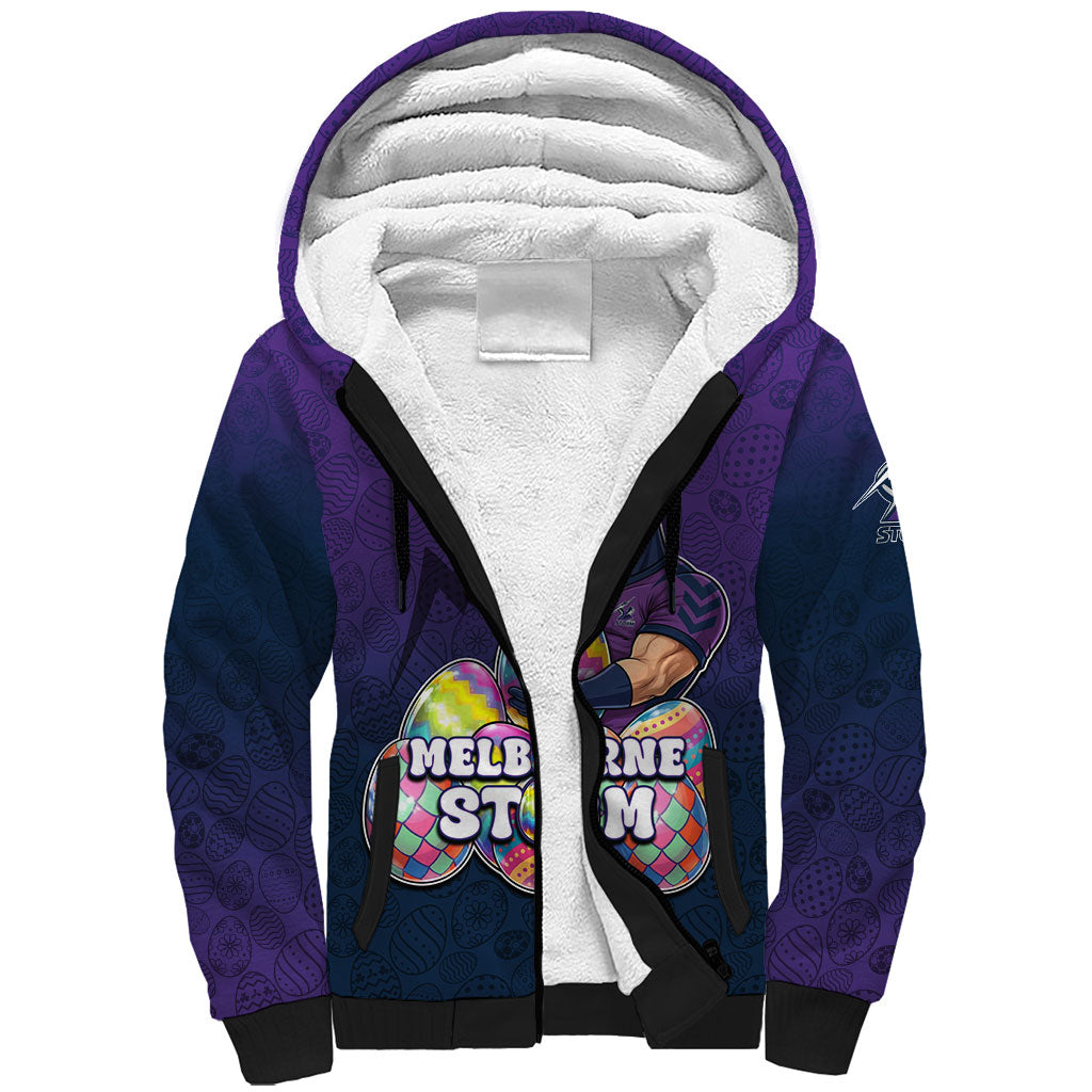 Personalized Melbourne Storm Sherpa Hoodie Easter Mascot - Colorful Eggs Cartoon Style