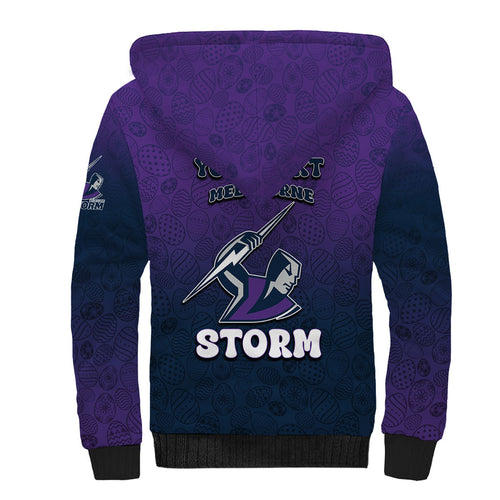 Personalized Melbourne Storm Sherpa Hoodie Easter Mascot - Colorful Eggs Cartoon Style