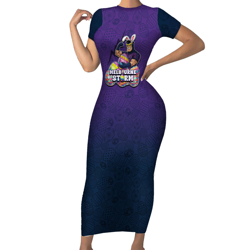 Personalized Melbourne Storm Short Sleeve Bodycon Dress Easter Mascot - Colorful Eggs Cartoon Style