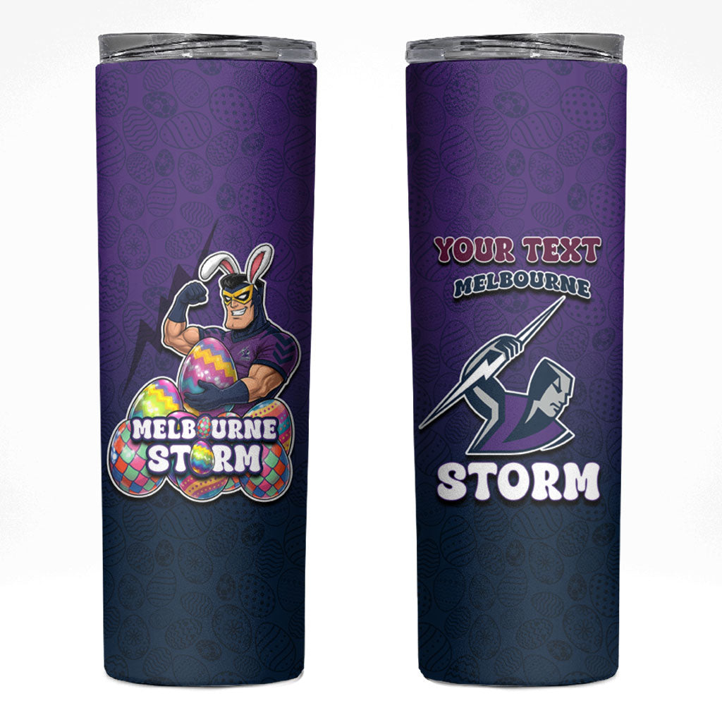 Personalized Melbourne Storm Skinny Tumbler Easter Mascot - Colorful Eggs Cartoon Style