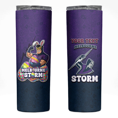 Personalized Melbourne Storm Skinny Tumbler Easter Mascot - Colorful Eggs Cartoon Style