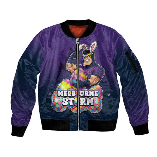 Personalized Melbourne Storm Sleeve Zip Bomber Jacket Easter Mascot - Colorful Eggs Cartoon Style