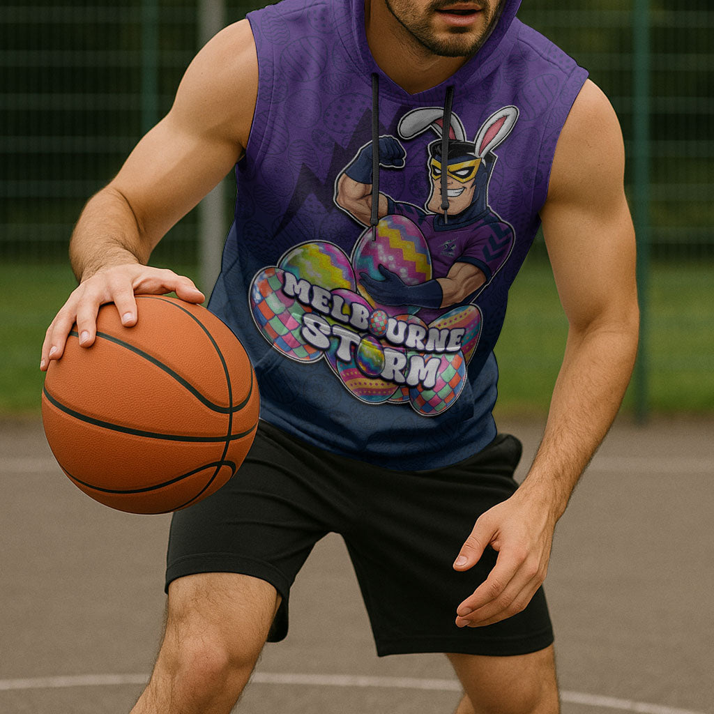 Personalized Melbourne Storm Sleeveless Hoodie Easter Mascot - Colorful Eggs Cartoon Style