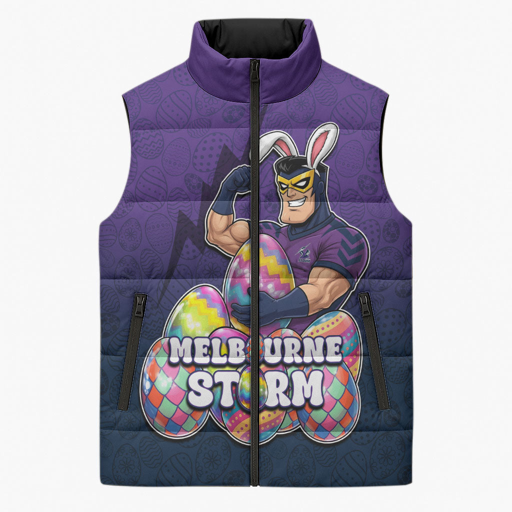 Personalized Melbourne Storm Sleeveless Puffer Jacket Easter Mascot - Colorful Eggs Cartoon Style