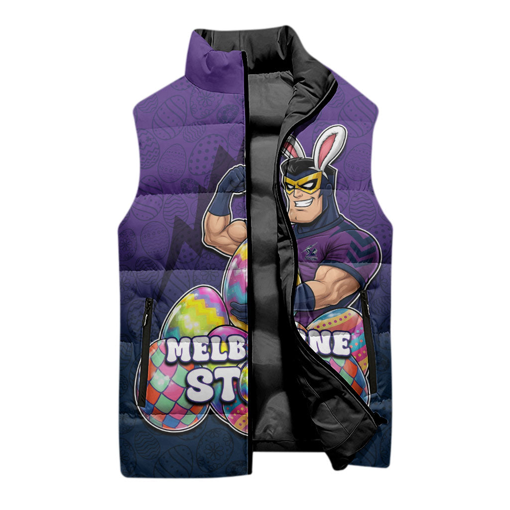 Personalized Melbourne Storm Sleeveless Puffer Jacket Easter Mascot - Colorful Eggs Cartoon Style