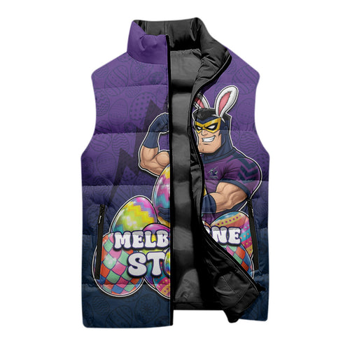Personalized Melbourne Storm Sleeveless Puffer Jacket Easter Mascot - Colorful Eggs Cartoon Style