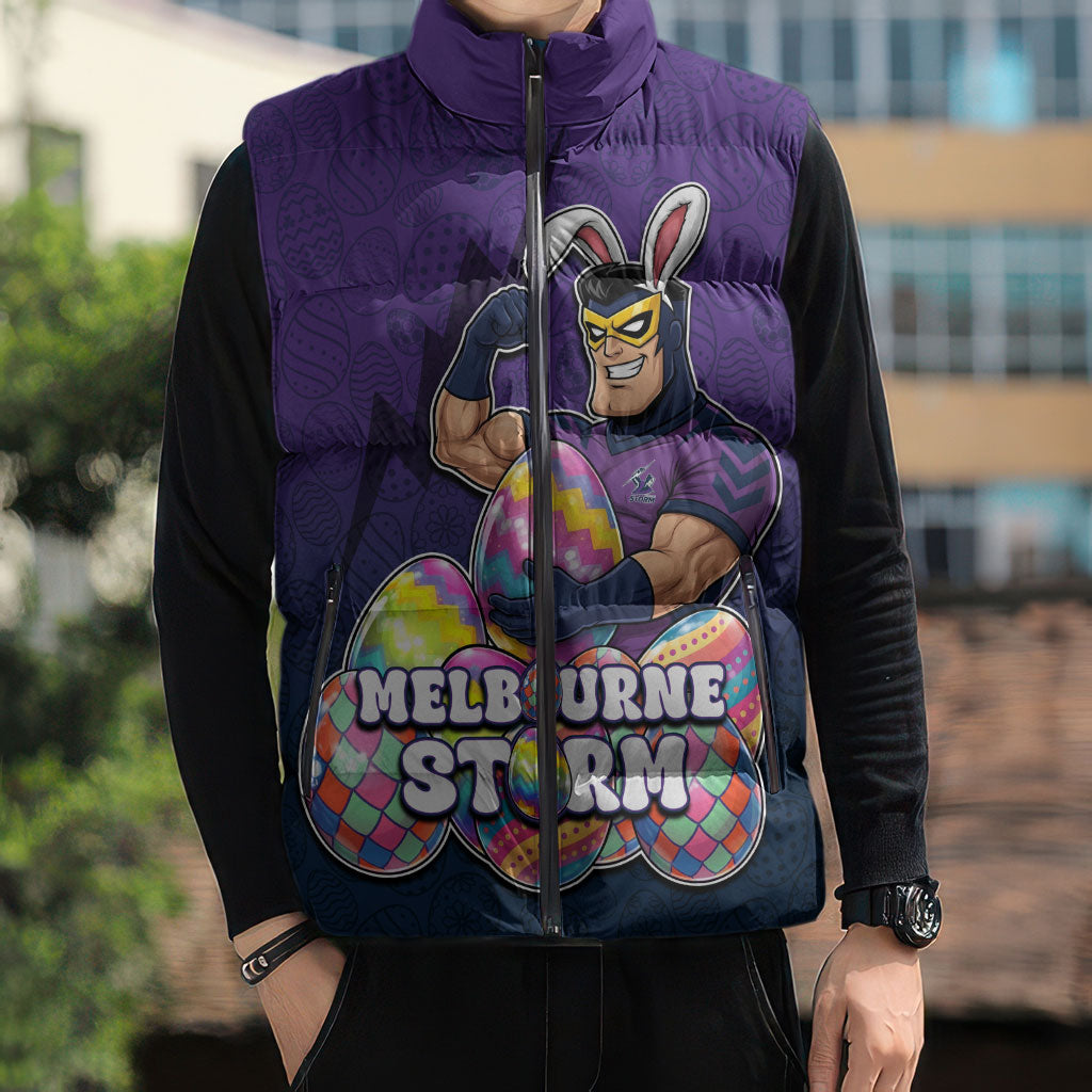 Personalized Melbourne Storm Sleeveless Puffer Jacket Easter Mascot - Colorful Eggs Cartoon Style
