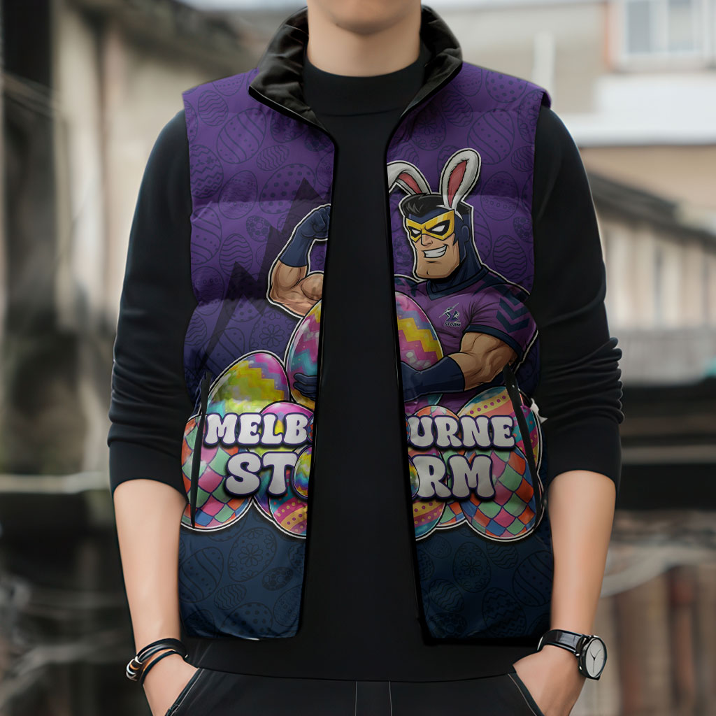 Personalized Melbourne Storm Sleeveless Puffer Jacket Easter Mascot - Colorful Eggs Cartoon Style