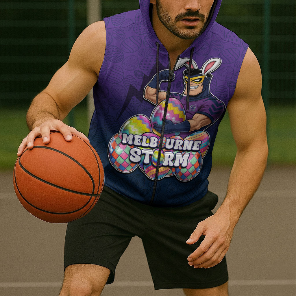 Personalized Melbourne Storm Sleeveless Zip Hoodie Easter Mascot - Colorful Eggs Cartoon Style