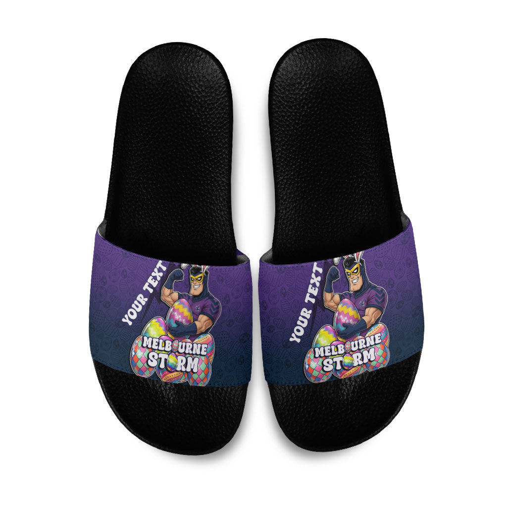 Personalized Melbourne Storm Slide Sandals Easter Mascot - Colorful Eggs Cartoon Style