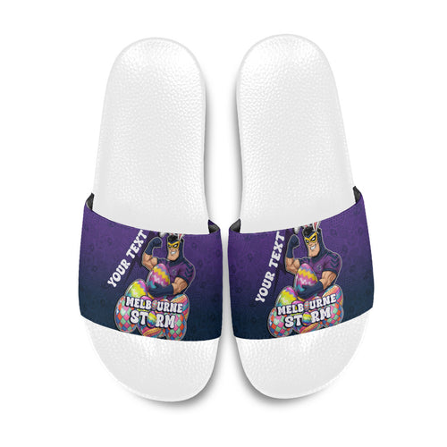 Personalized Melbourne Storm Slide Sandals Easter Mascot - Colorful Eggs Cartoon Style
