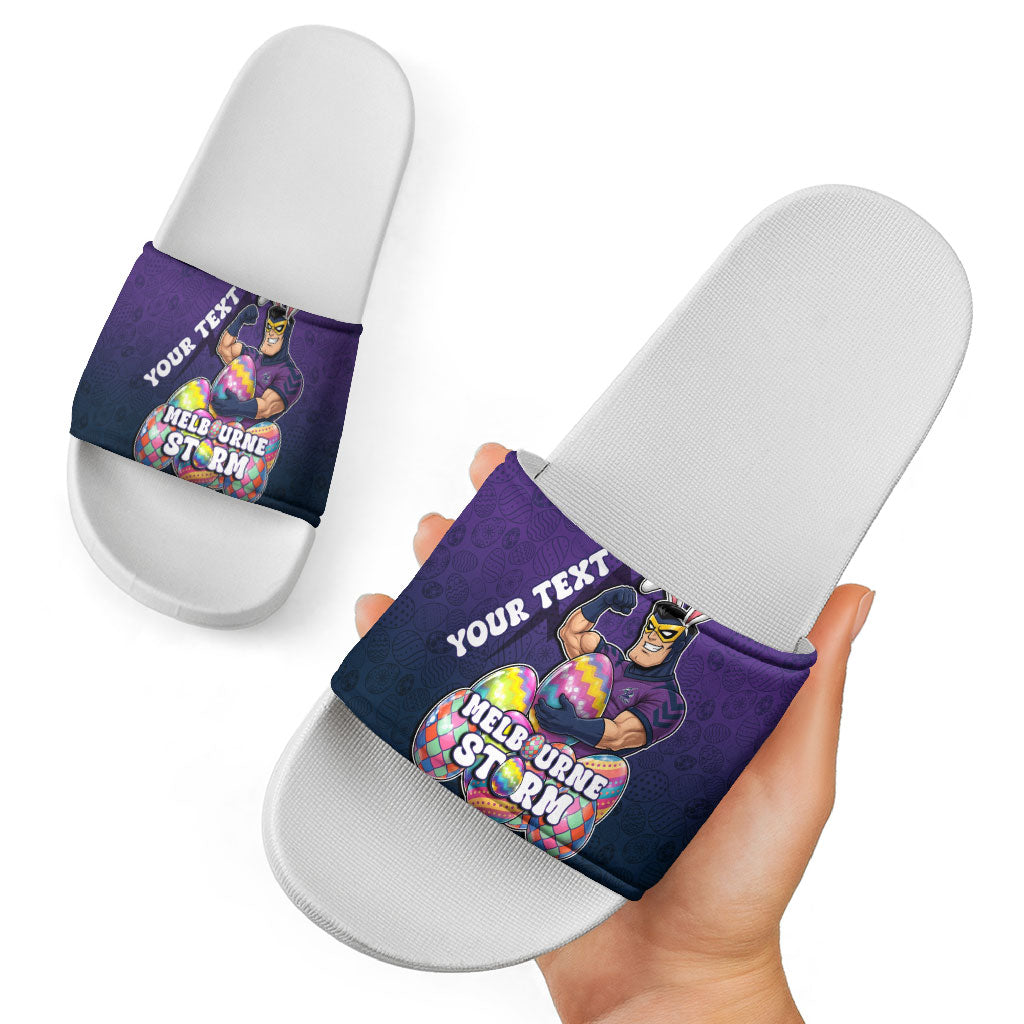 Personalized Melbourne Storm Slide Sandals Easter Mascot - Colorful Eggs Cartoon Style