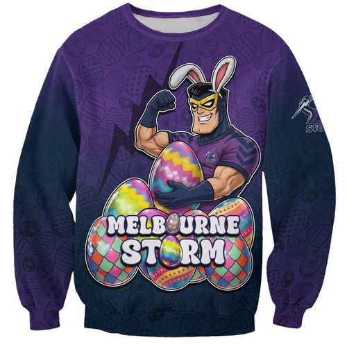 Personalized Melbourne Storm Sweatshirt Easter Mascot - Colorful Eggs Cartoon Style