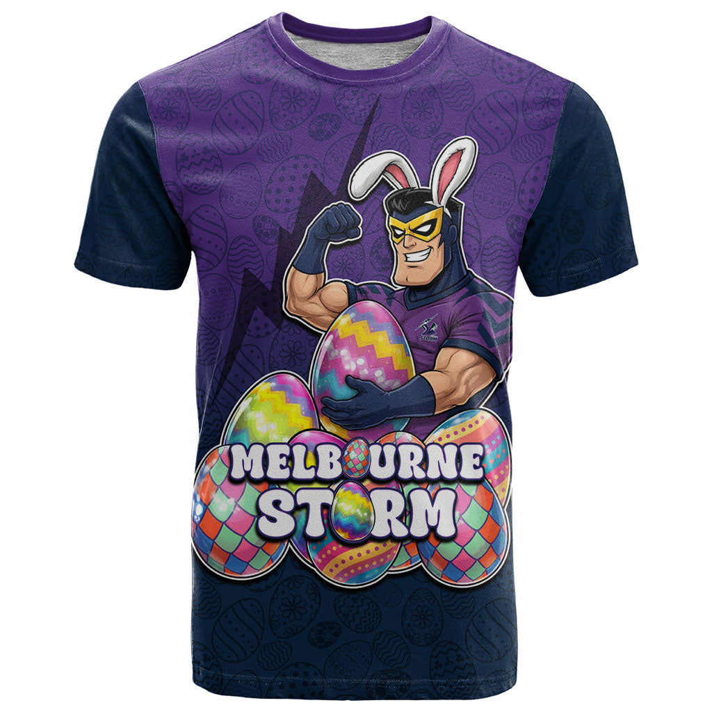 Personalized Melbourne Storm T Shirt Easter Mascot - Colorful Eggs Cartoon Style