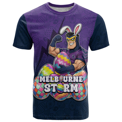 Personalized Melbourne Storm T Shirt Easter Mascot - Colorful Eggs Cartoon Style