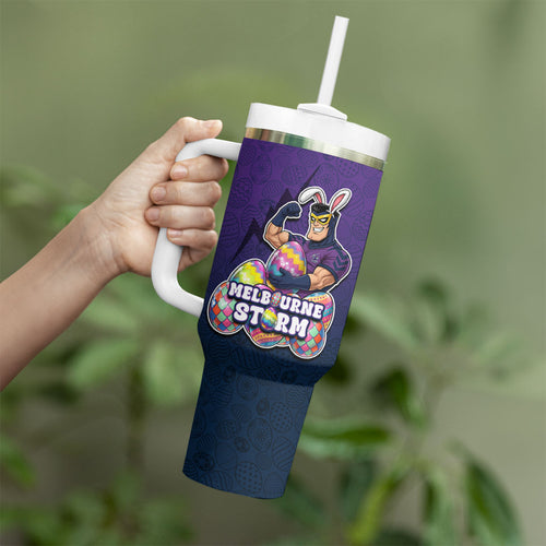 Personalized Melbourne Storm Tumbler With Handle Easter Mascot - Colorful Eggs Cartoon Style
