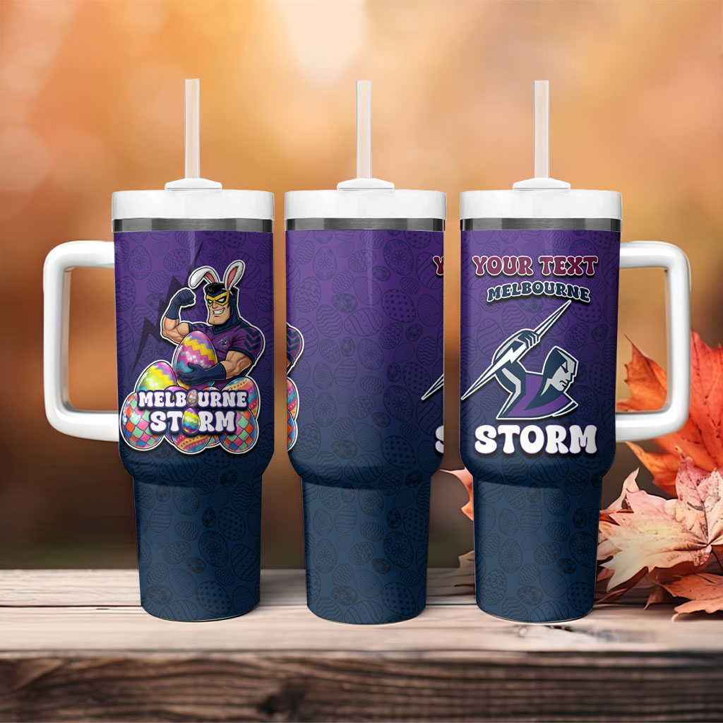 Personalized Melbourne Storm Tumbler With Handle Easter Mascot - Colorful Eggs Cartoon Style