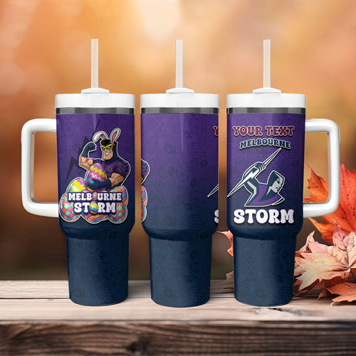 Personalized Melbourne Storm Tumbler With Handle Easter Mascot - Colorful Eggs Cartoon Style