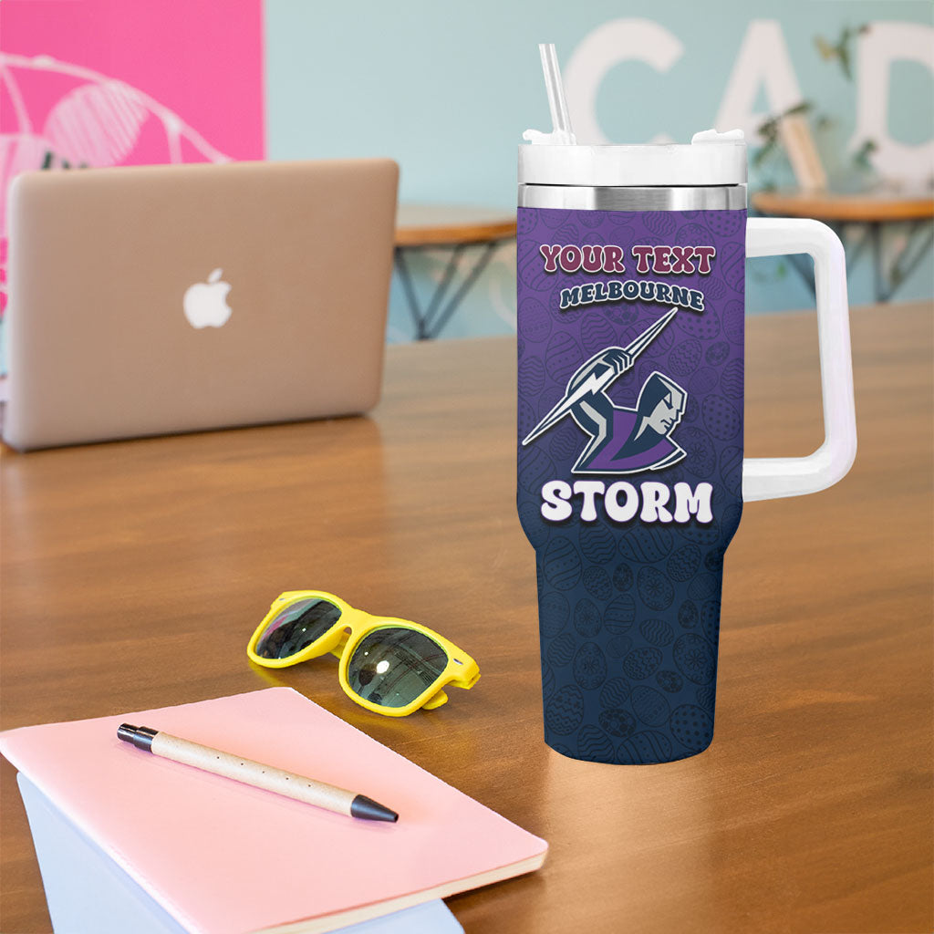 Personalized Melbourne Storm Tumbler With Handle Easter Mascot - Colorful Eggs Cartoon Style