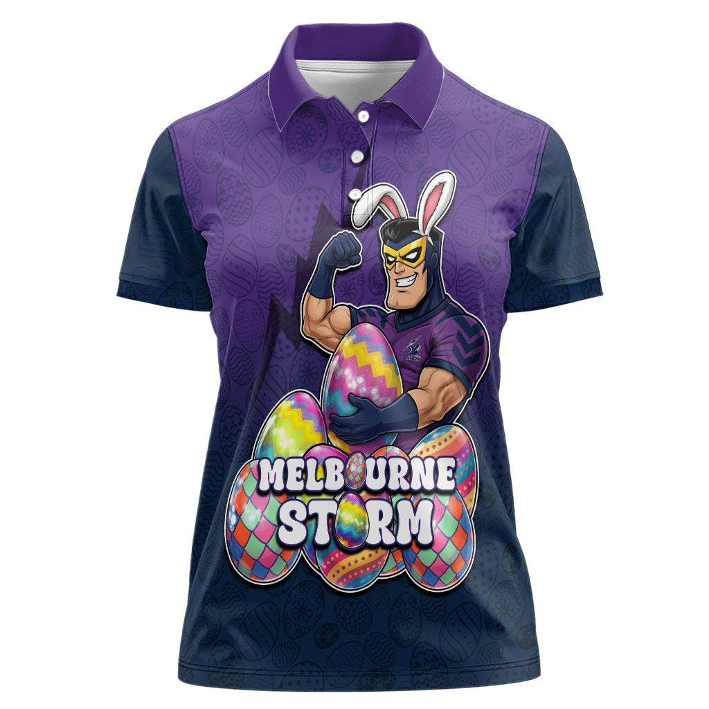 Personalized Melbourne Storm Women Polo Shirt Easter Mascot - Colorful Eggs Cartoon Style