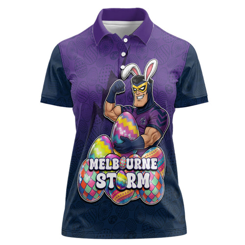 Personalized Melbourne Storm Women Polo Shirt Easter Mascot - Colorful Eggs Cartoon Style
