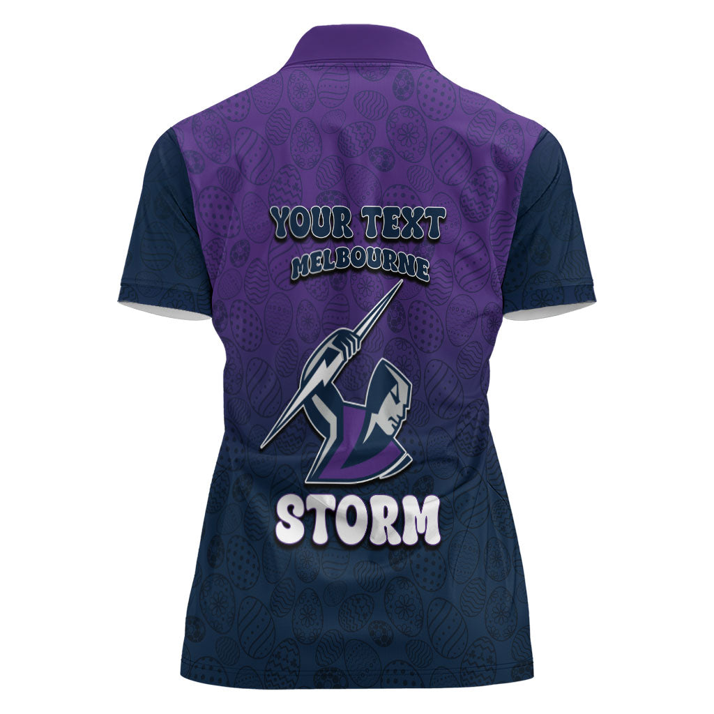 Personalized Melbourne Storm Women Polo Shirt Easter Mascot - Colorful Eggs Cartoon Style