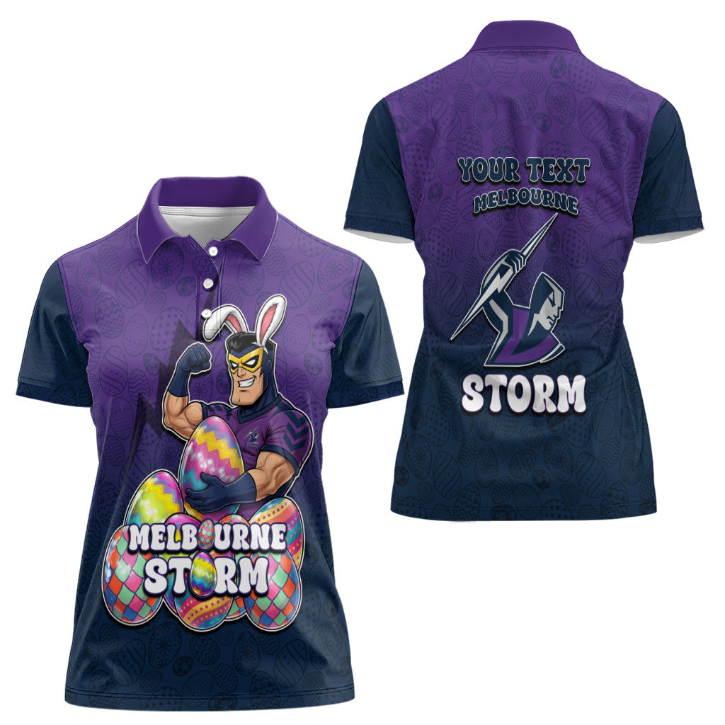 Personalized Melbourne Storm Women Polo Shirt Easter Mascot - Colorful Eggs Cartoon Style