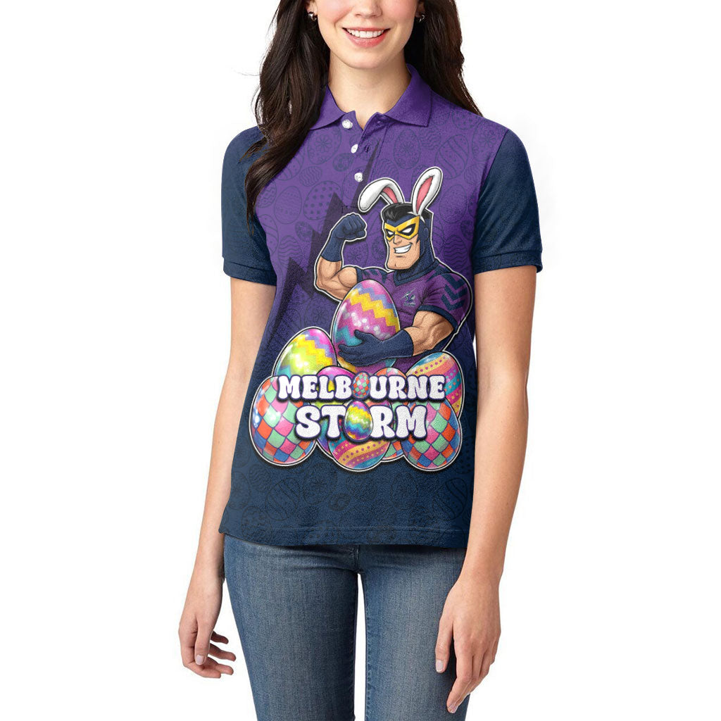 Personalized Melbourne Storm Women Polo Shirt Easter Mascot - Colorful Eggs Cartoon Style