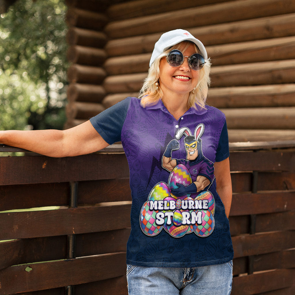 Personalized Melbourne Storm Women Polo Shirt Easter Mascot - Colorful Eggs Cartoon Style