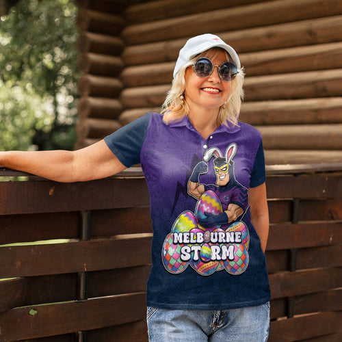Personalized Melbourne Storm Women Polo Shirt Easter Mascot - Colorful Eggs Cartoon Style
