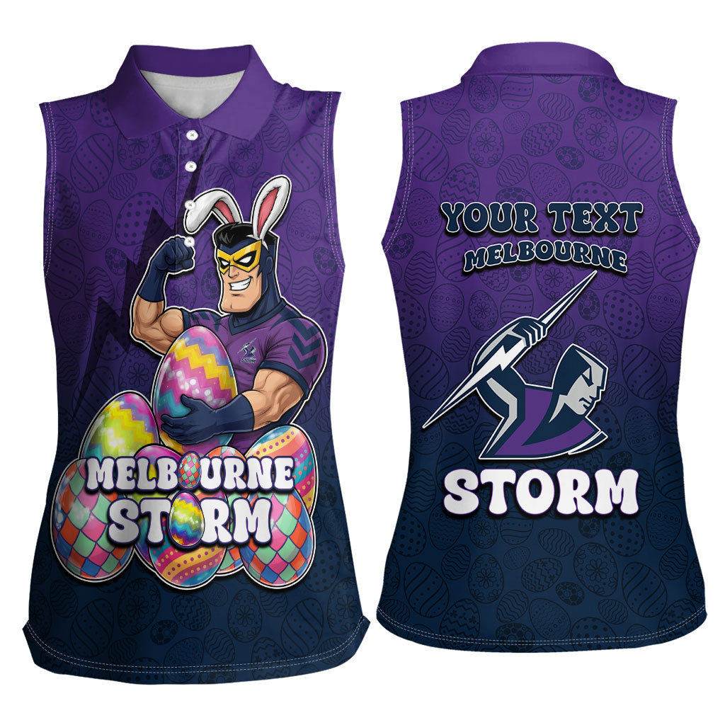Personalized Melbourne Storm Women Sleeveless Polo Shirt Easter Mascot - Colorful Eggs Cartoon Style
