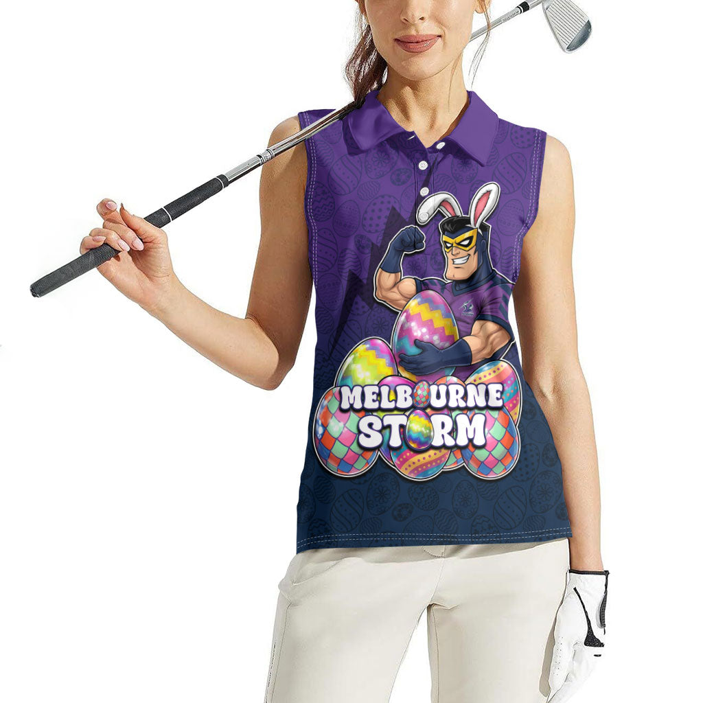 Personalized Melbourne Storm Women Sleeveless Polo Shirt Easter Mascot - Colorful Eggs Cartoon Style