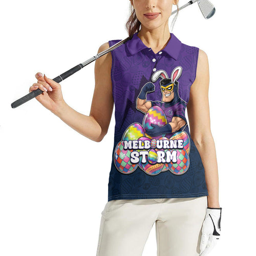 Personalized Melbourne Storm Women Sleeveless Polo Shirt Easter Mascot - Colorful Eggs Cartoon Style