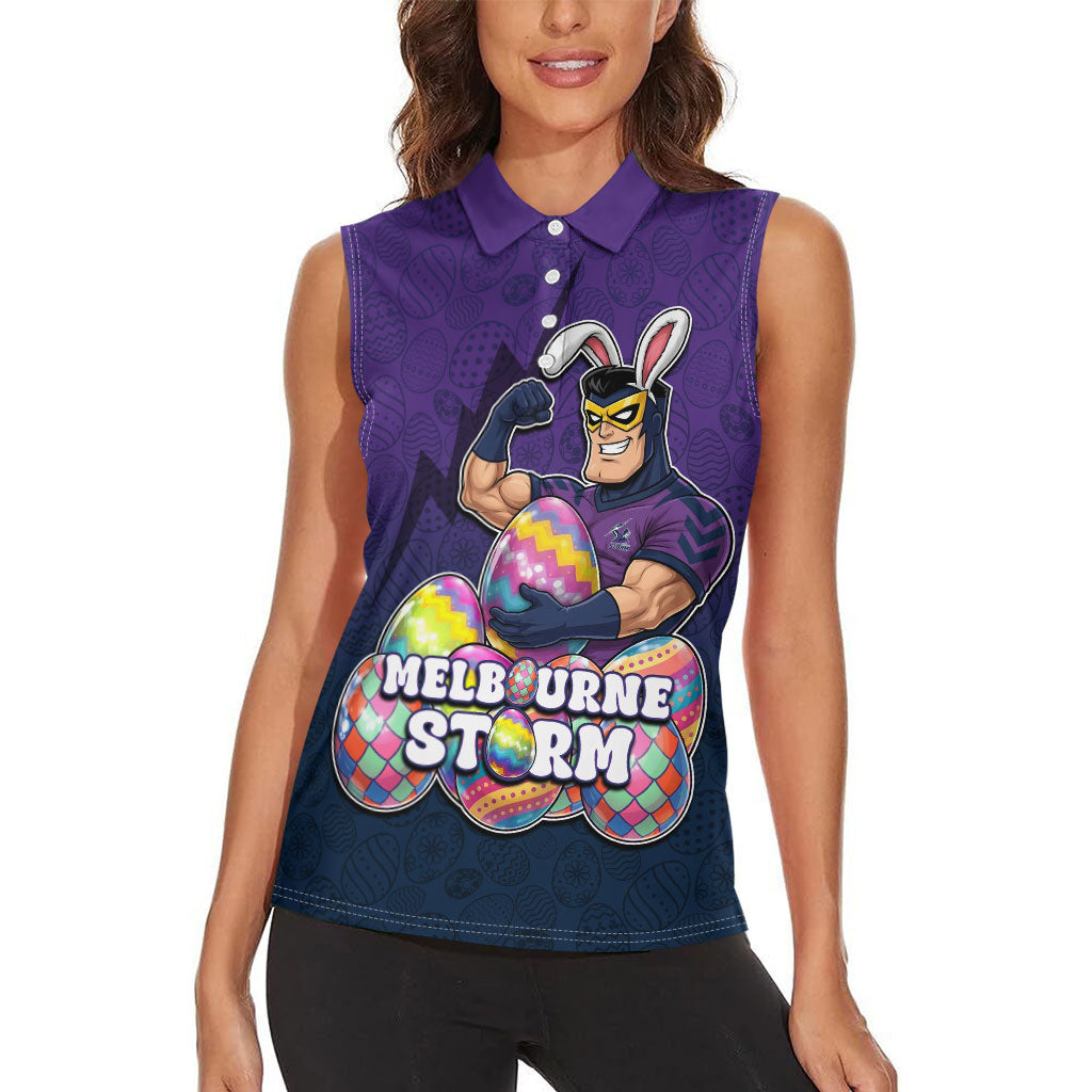 Personalized Melbourne Storm Women Sleeveless Polo Shirt Easter Mascot - Colorful Eggs Cartoon Style