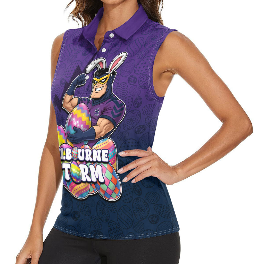 Personalized Melbourne Storm Women Sleeveless Polo Shirt Easter Mascot - Colorful Eggs Cartoon Style