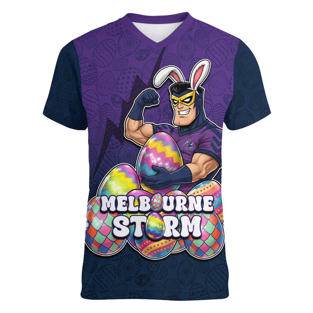 Personalized Melbourne Storm Women V-Neck T-Shirt Easter Mascot - Colorful Eggs Cartoon Style