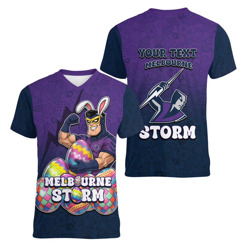 Personalized Melbourne Storm Women V-Neck T-Shirt Easter Mascot - Colorful Eggs Cartoon Style