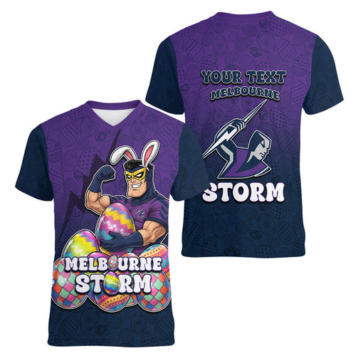 Personalized Melbourne Storm Women V-Neck T-Shirt Easter Mascot - Colorful Eggs Cartoon Style