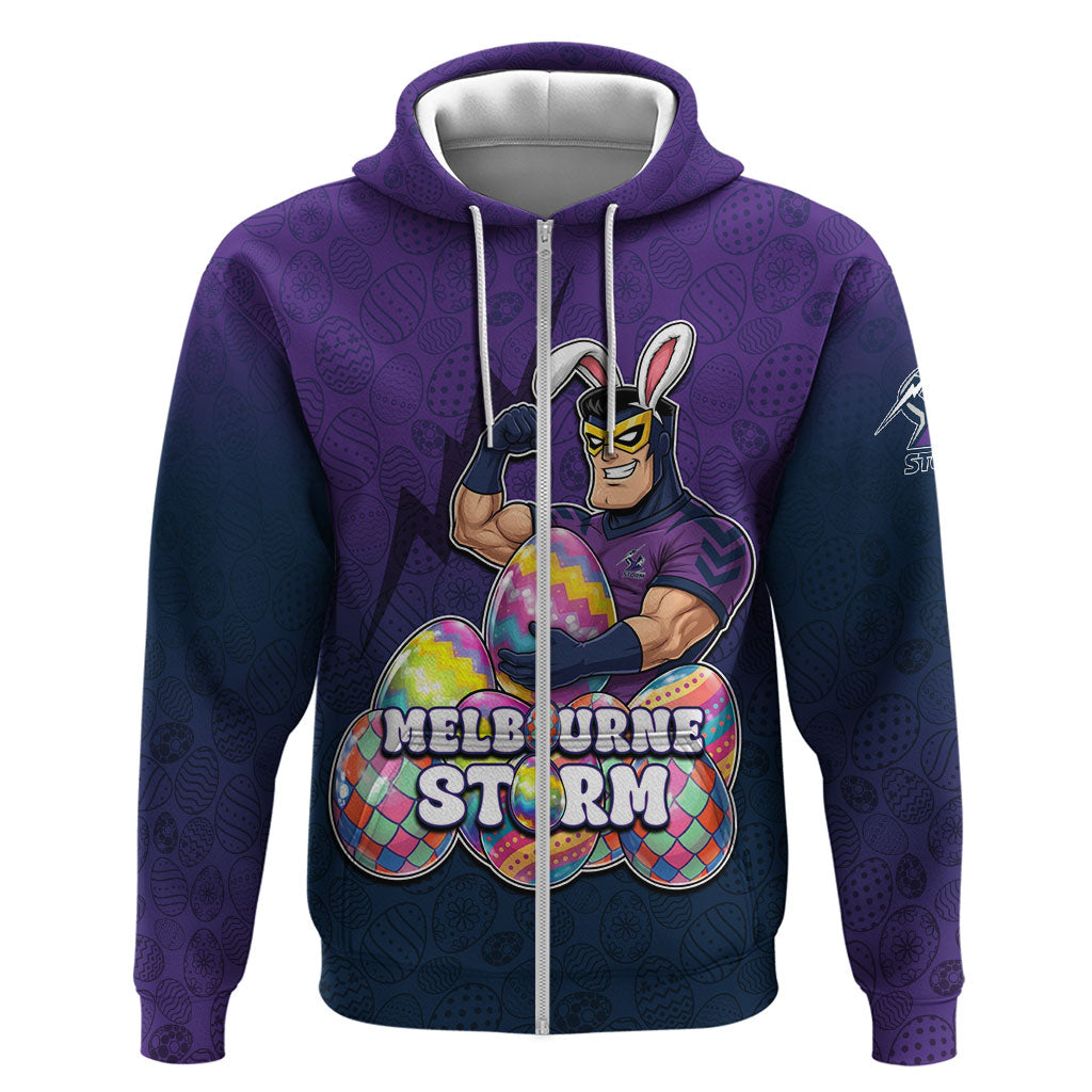 Personalized Melbourne Storm Zip Hoodie Easter Mascot - Colorful Eggs Cartoon Style