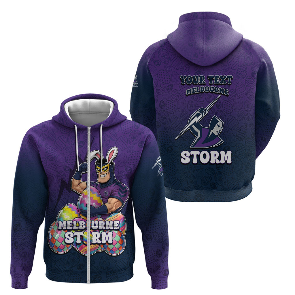 Personalized Melbourne Storm Zip Hoodie Easter Mascot - Colorful Eggs Cartoon Style
