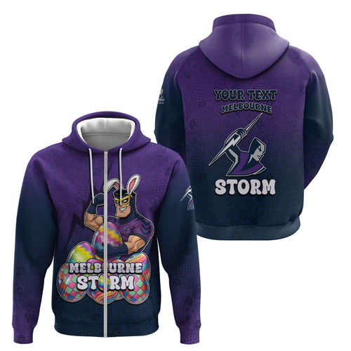 Personalized Melbourne Storm Zip Hoodie Easter Mascot - Colorful Eggs Cartoon Style