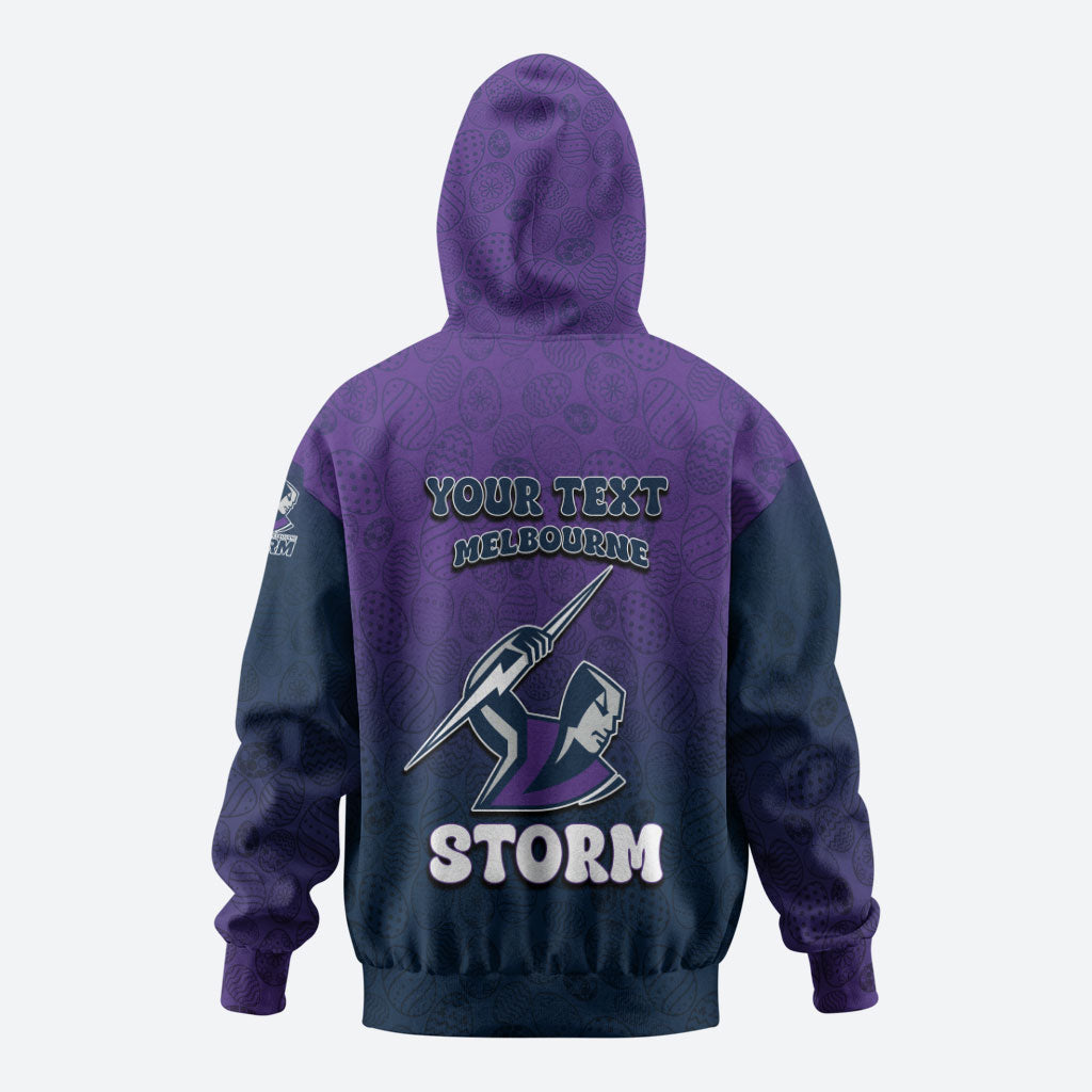 Personalized Melbourne Storm Zip Hoodie Easter Mascot - Colorful Eggs Cartoon Style