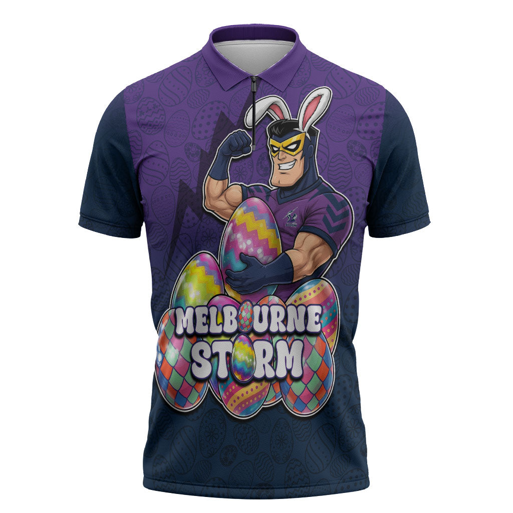 Personalized Melbourne Storm Zipper Polo Shirt Easter Mascot - Colorful Eggs Cartoon Style