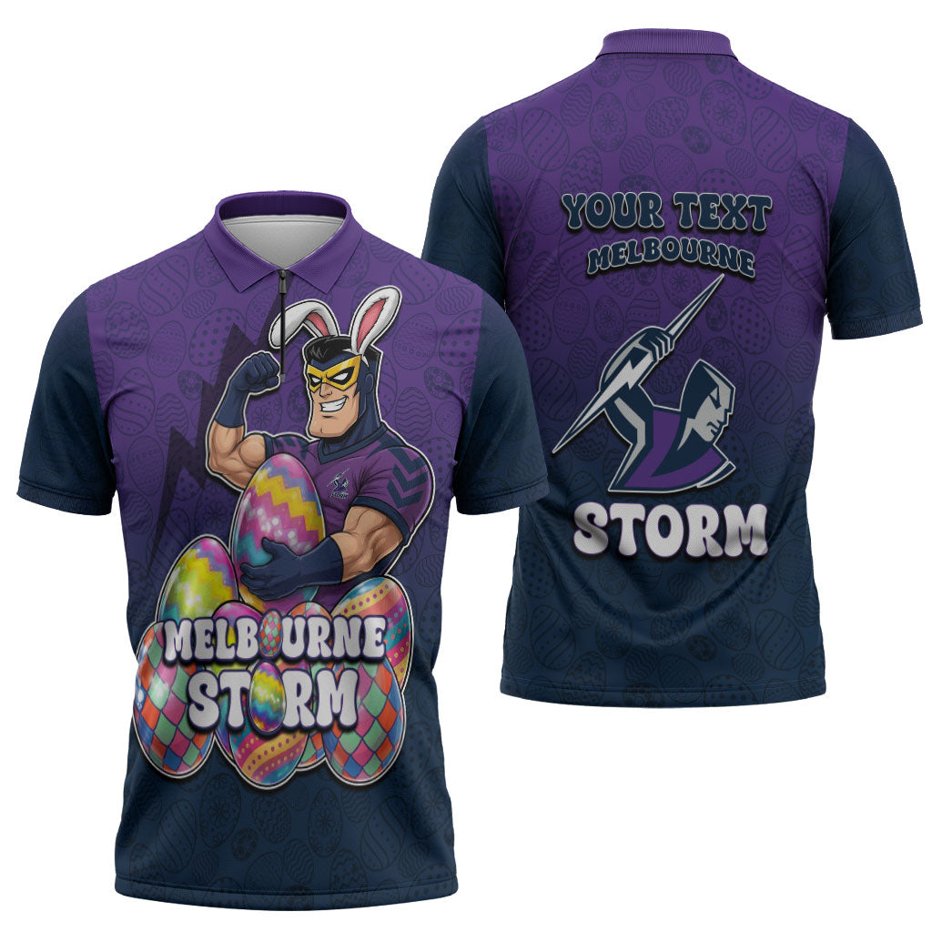 Personalized Melbourne Storm Zipper Polo Shirt Easter Mascot - Colorful Eggs Cartoon Style