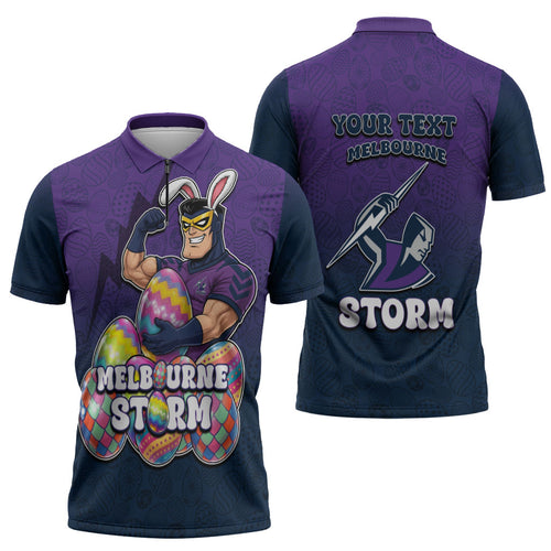 Personalized Melbourne Storm Zipper Polo Shirt Easter Mascot - Colorful Eggs Cartoon Style
