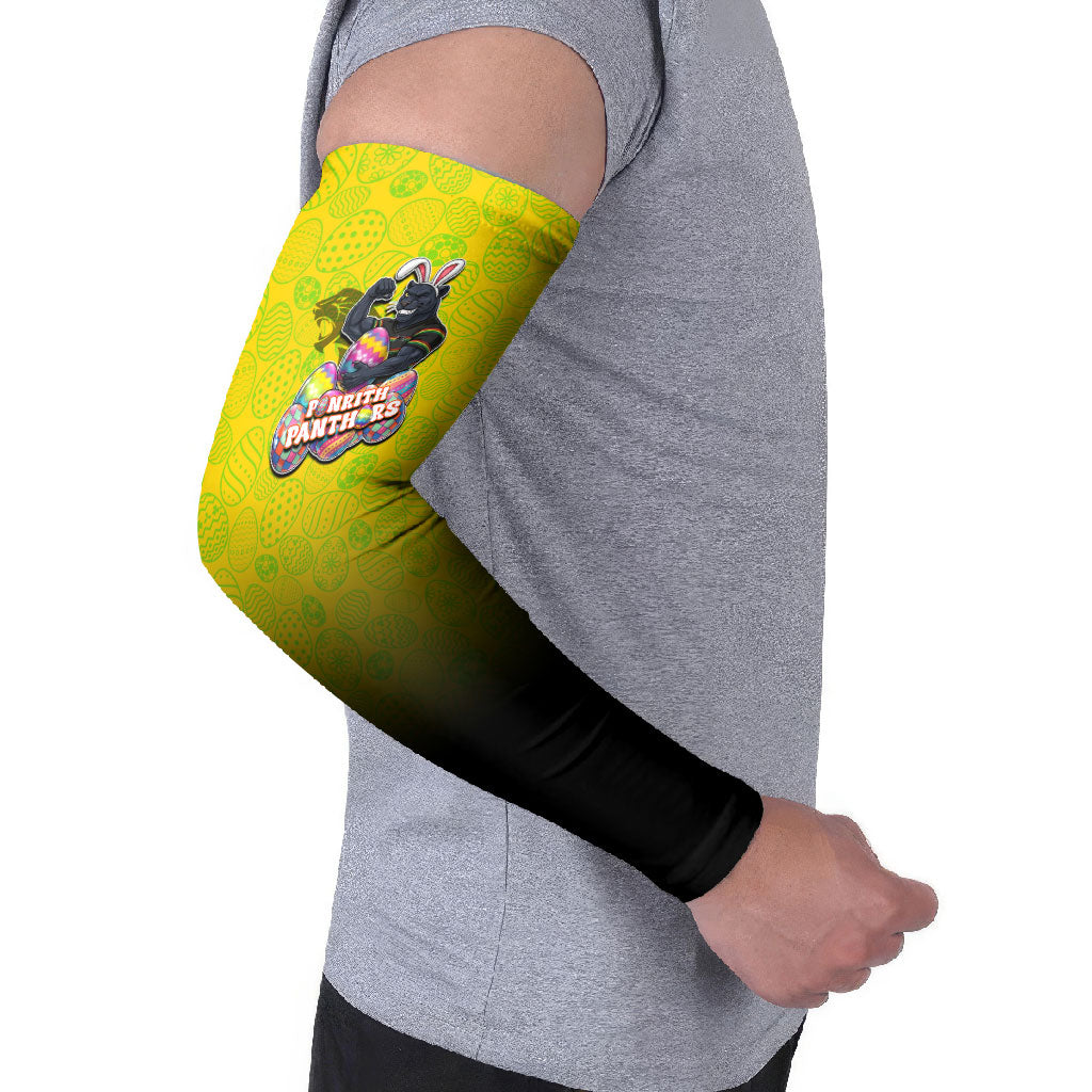 Personalized Penrith Panthers Arm Sleeves Easter Mascot - Colorful Eggs Cartoon Style