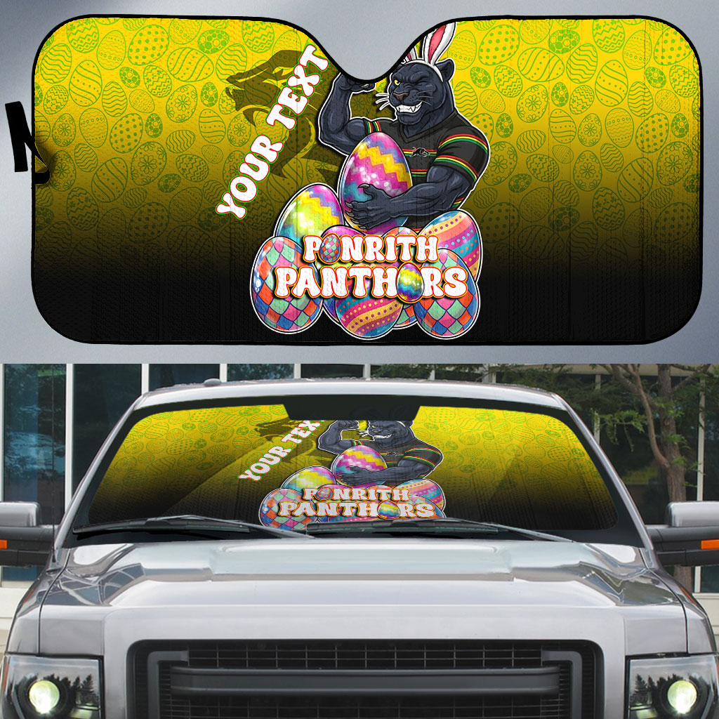 Personalized Penrith Panthers Auto Sun Shade Easter Mascot - Colorful Eggs Cartoon Style