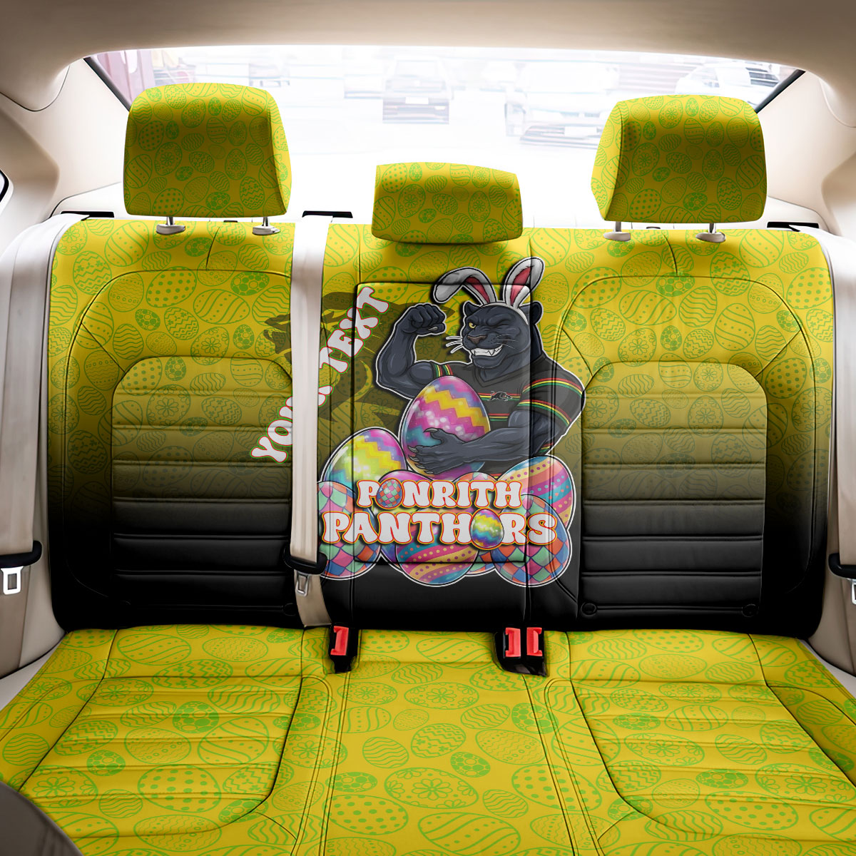 Personalized Penrith Panthers Back Car Seat Cover Easter Mascot - Colorful Eggs Cartoon Style