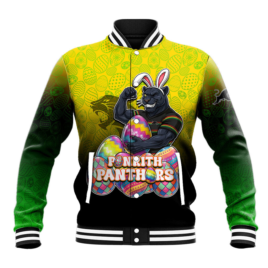 Personalized Penrith Panthers Baseball Jacket Easter Mascot - Colorful Eggs Cartoon Style